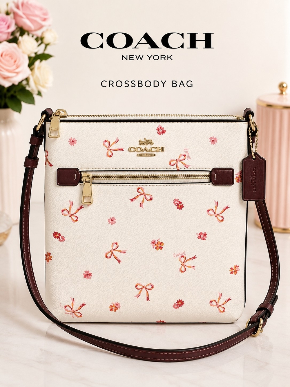 Coach Floral Bow Print Crossbody Bag White Burgundy CN768